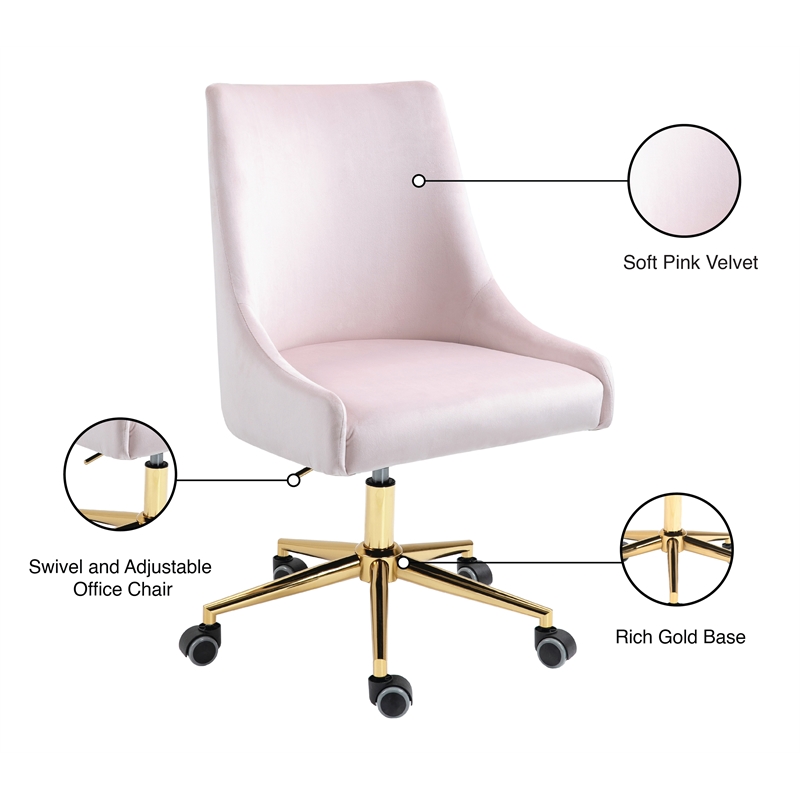 Meridian Furniture Karina Swivel Adjustable Pink Velvet and Gold Office Chair