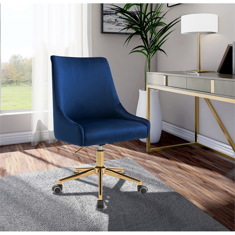 Meridian Furniture Karina Swivel Adjustable Navy Velvet and Gold Office Chair