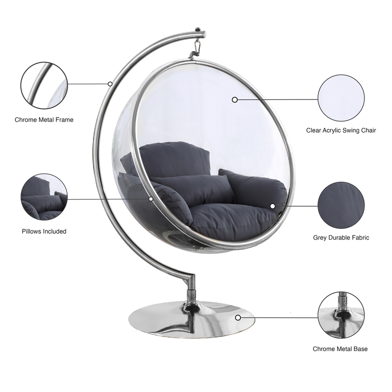 Meridian Furniture Luna Fabric / Metal Acrylic Swing Bubble Accent Chair in Gray
