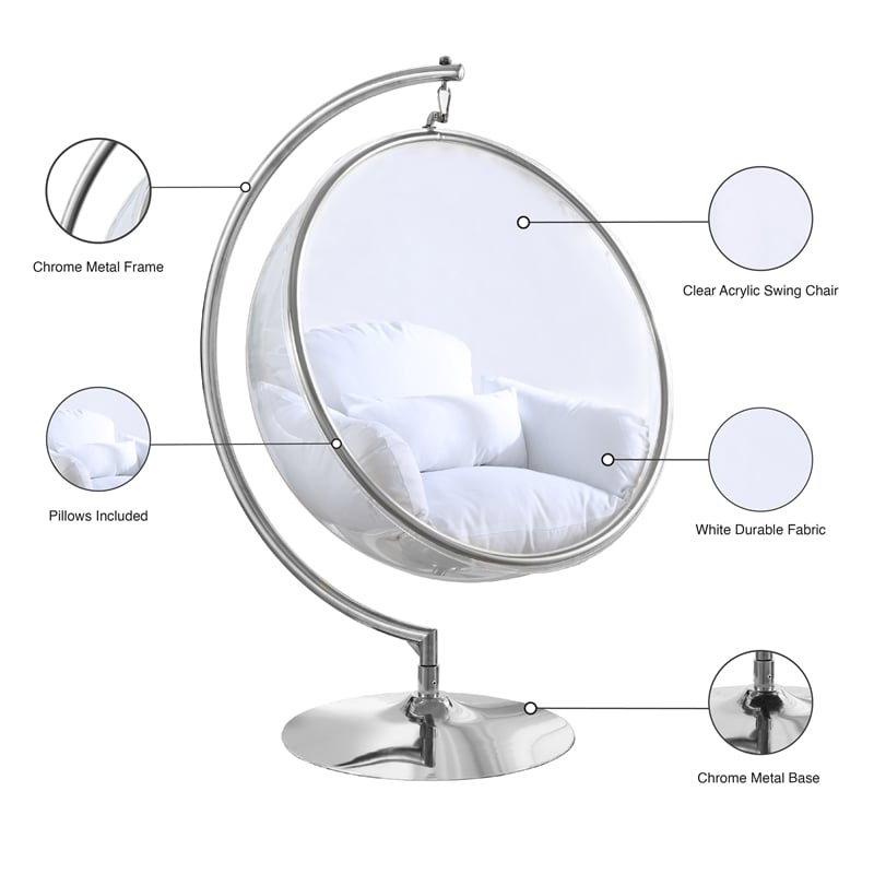 Meridian Furniture Luna Fabric Acrylic Swing Bubble Accent Chair in White