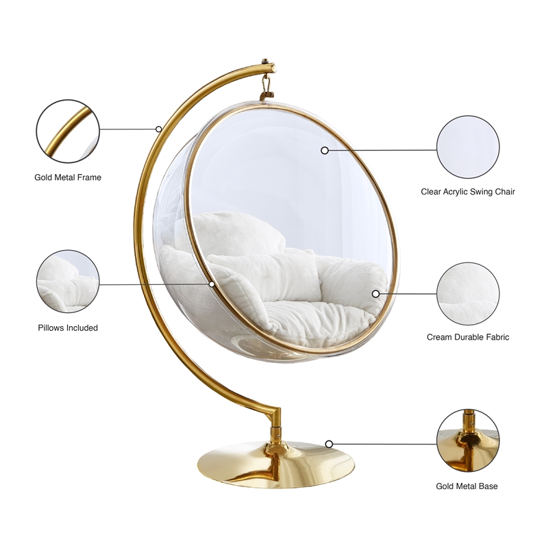 Meridian Furniture Luna White Faux Fur Acrylic and Metal Swing Accent Chair