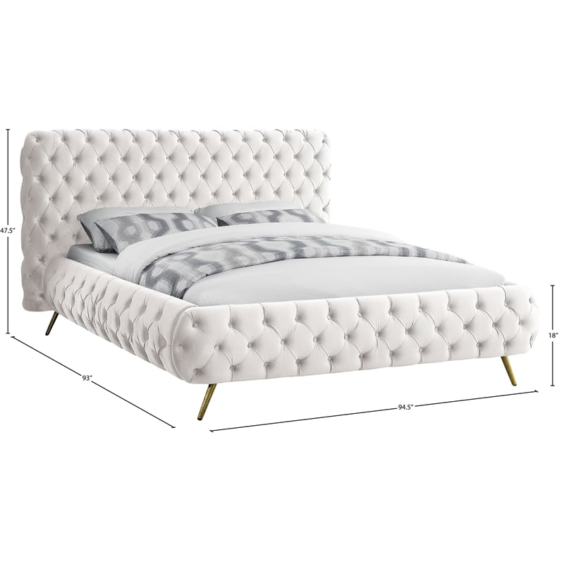Meridian Furniture Delano Solid Wood Tufted Velvet King Bed in Cream