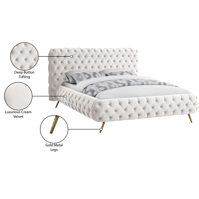 Meridian Furniture Delano Solid Wood Tufted Velvet King Bed in Cream