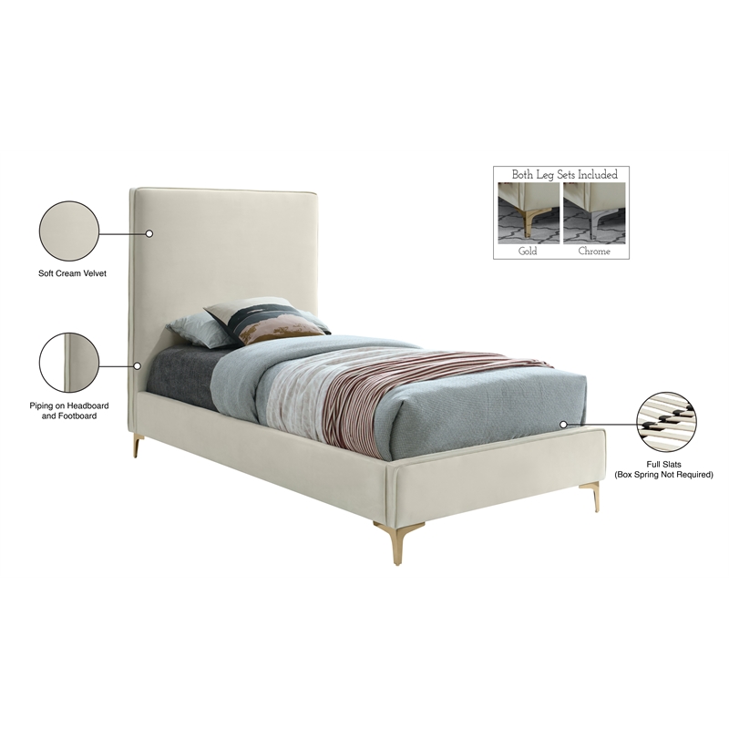 Meridian Furniture Geri Cream Velvet Twin Bed with Gold and Chrome Legs Included