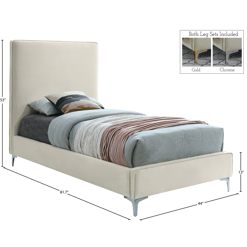 Meridian Furniture Geri Cream Velvet Twin Bed with Gold and Chrome Legs Included
