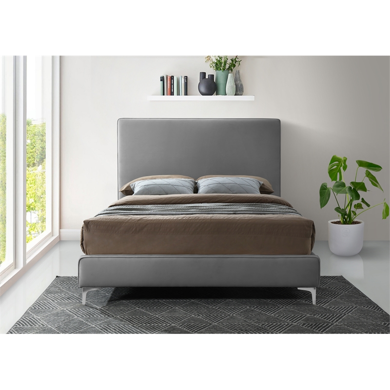 Meridian Furniture Geri Gray Velvet King Bed with Gold and Chrome Legs Included