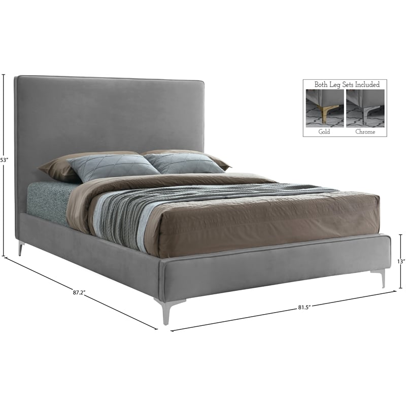 Meridian Furniture Geri Gray Velvet King Bed with Gold and Chrome Legs Included