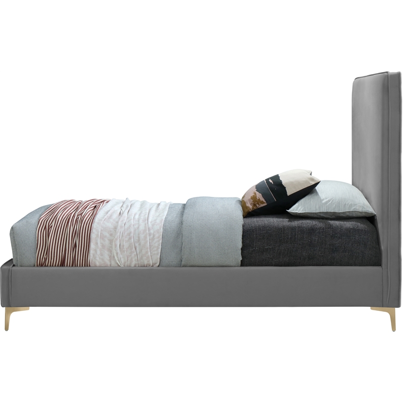 Meridian Furniture Geri Gray Velvet Twin Bed with Gold and Chrome Legs Included