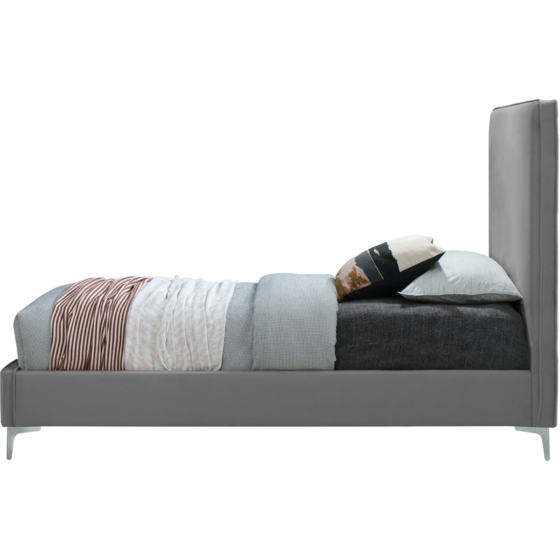 Meridian Furniture Geri Gray Velvet Twin Bed with Gold and Chrome Legs Included