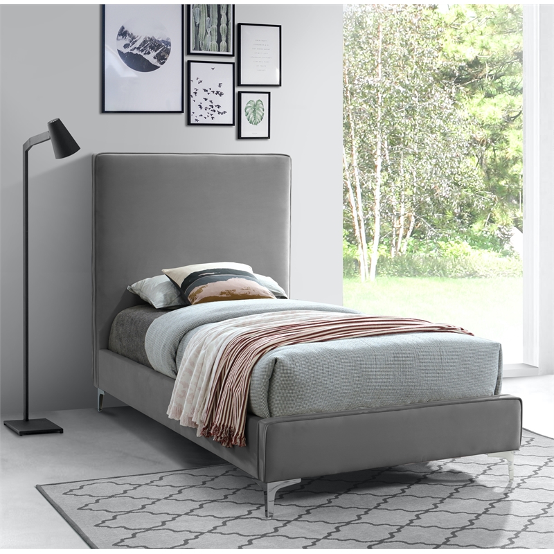 Meridian Furniture Geri Gray Velvet Twin Bed with Gold and Chrome Legs Included