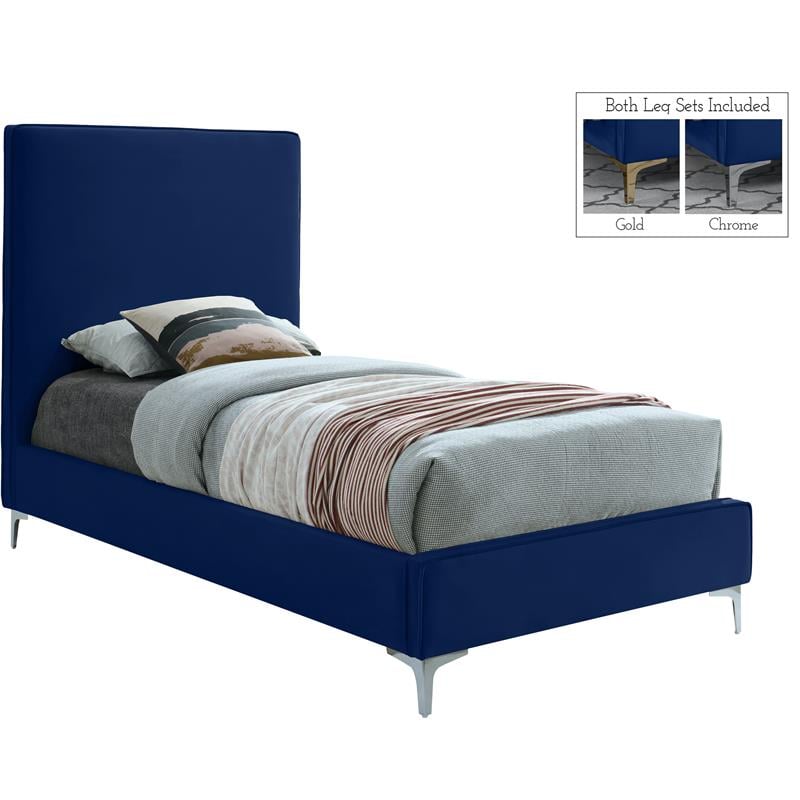 Meridian Furniture Geri Navy Velvet Twin Bed with Gold and Chrome Legs Included