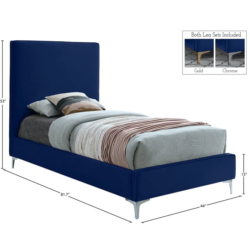 Meridian Furniture Geri Navy Velvet Twin Bed with Gold and Chrome Legs Included