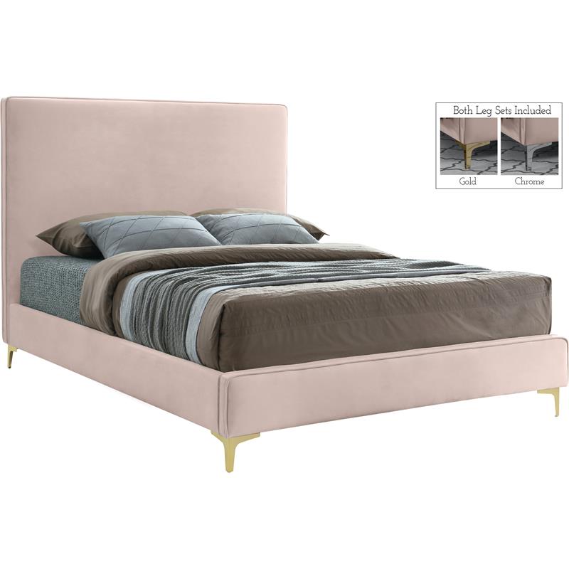 Meridian Furniture Geri Pink Velvet Queen Bed with Gold and Chrome Legs Included