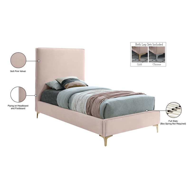 Meridian Furniture Geri Pink Velvet Twin Bed withGold and Chrome Legs Included