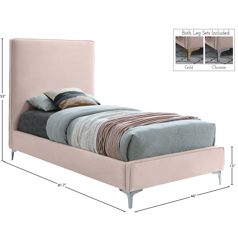 Meridian Furniture Geri Pink Velvet Twin Bed withGold and Chrome Legs Included