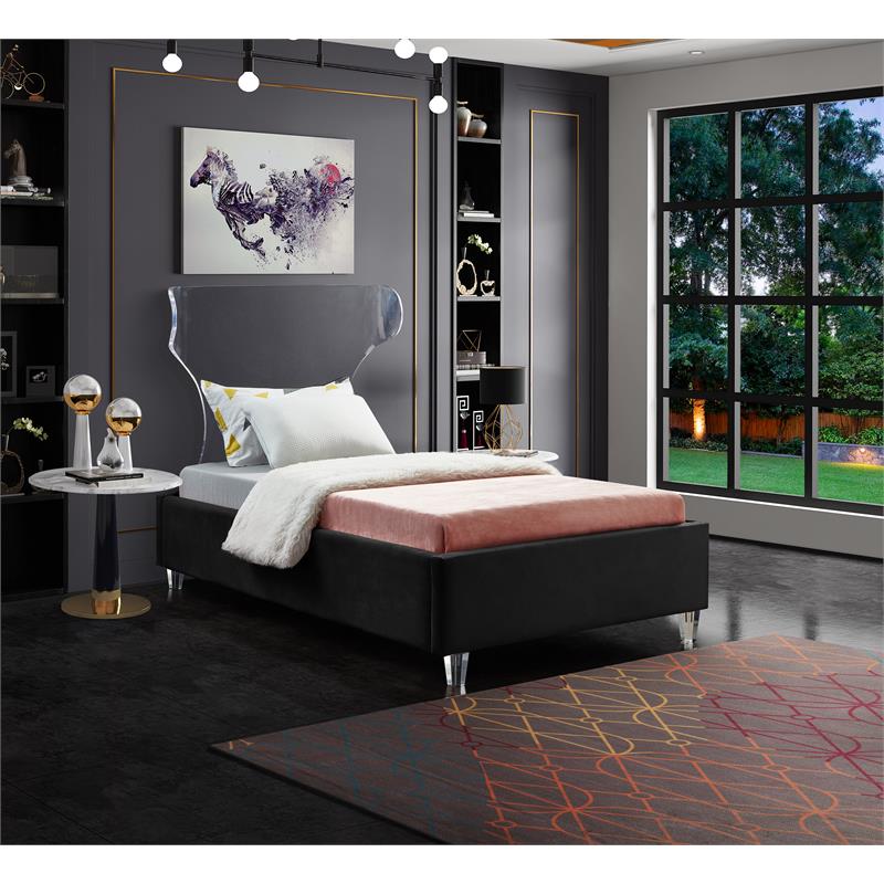Meridian Furniture Ghost Black Velvet Twin Bed with Acrylic Headboard and Legs