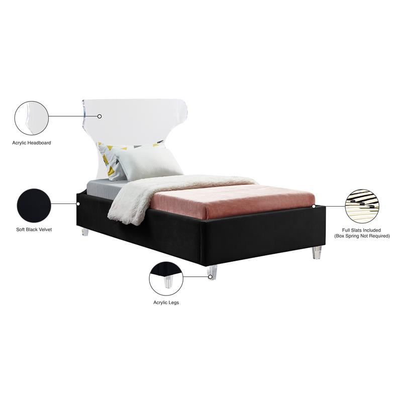 Meridian Furniture Ghost Black Velvet Twin Bed with Acrylic Headboard and Legs