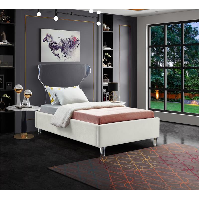 Meridian Furniture Ghost Cream Velvet Twin Bed with Acrylic Headboard and Legs