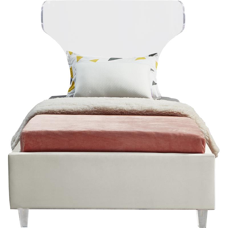 Meridian Furniture Ghost Cream Velvet Twin Bed with Acrylic Headboard and Legs