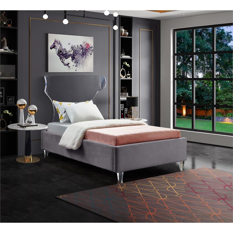 Meridian Furniture Ghost Gray Velvet Twin Bed with Acrylic Headboard and Legs