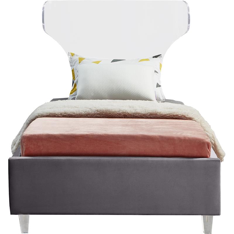 Meridian Furniture Ghost Gray Velvet Twin Bed with Acrylic Headboard and Legs