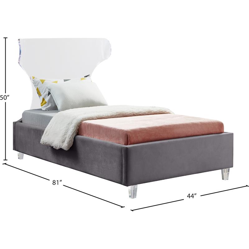 Meridian Furniture Ghost Gray Velvet Twin Bed with Acrylic Headboard and Legs