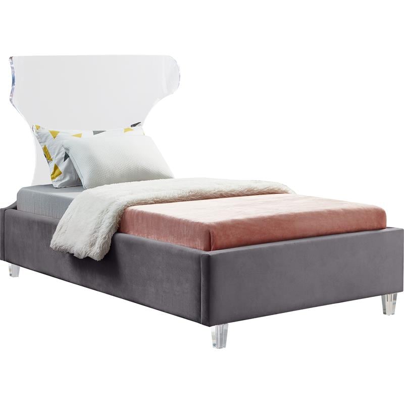 Meridian Furniture Ghost Gray Velvet Twin Bed with Acrylic Headboard and Legs