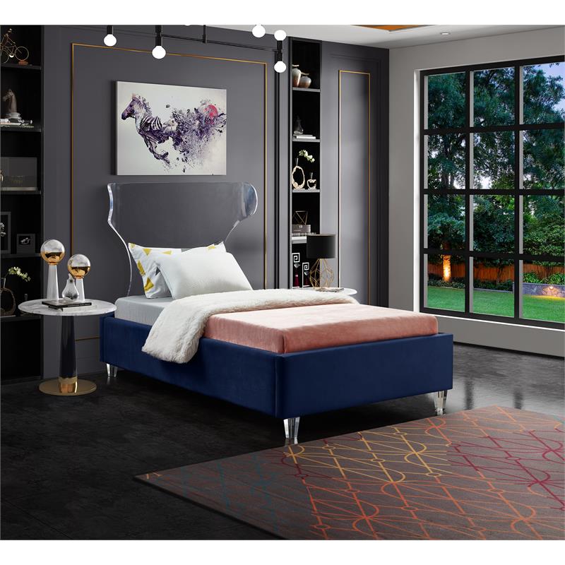 Meridian Furniture Ghost Navy Velvet Twin Bed with Acrylic Headboard and Legs
