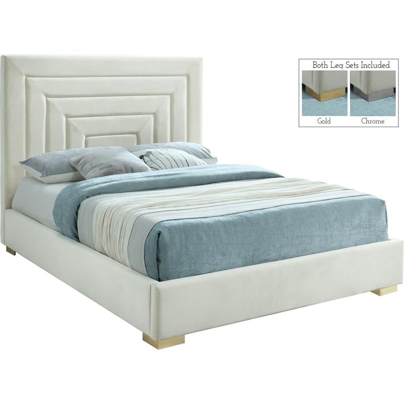 Meridian Furniture Nora Cream Velvet Full Bed with Gold/Chrome Legs Included