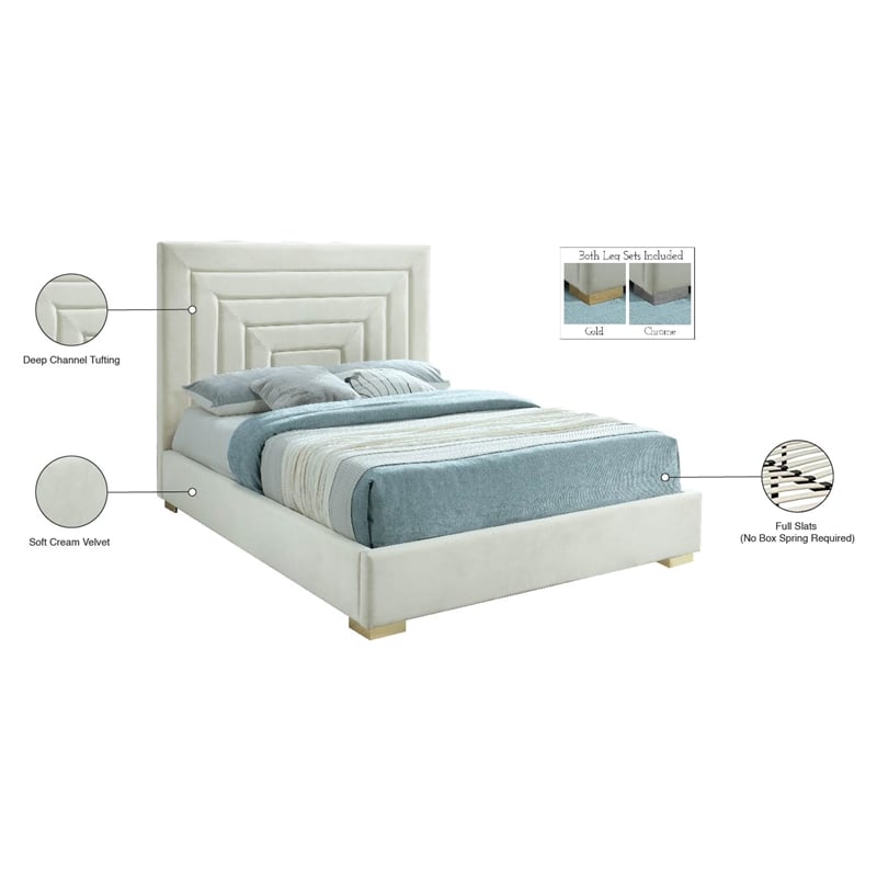 Meridian Furniture Nora Cream Velvet Queen Bed with Gold/Chrome Legs Included