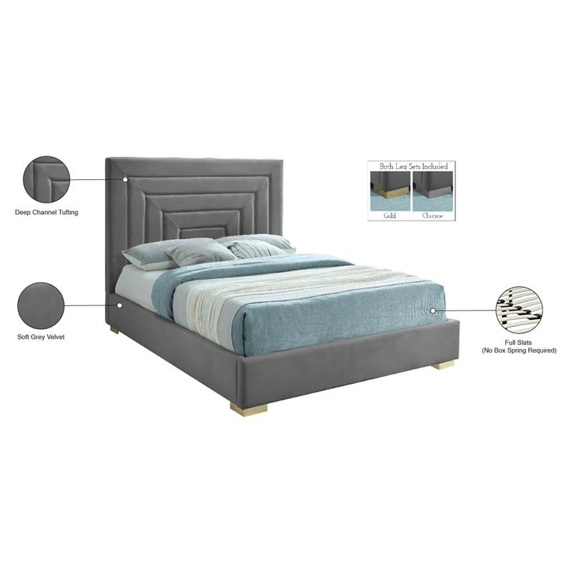 Meridian Furniture Nora Gray Velvet Queen Bed with Gold/Chrome Legs Included