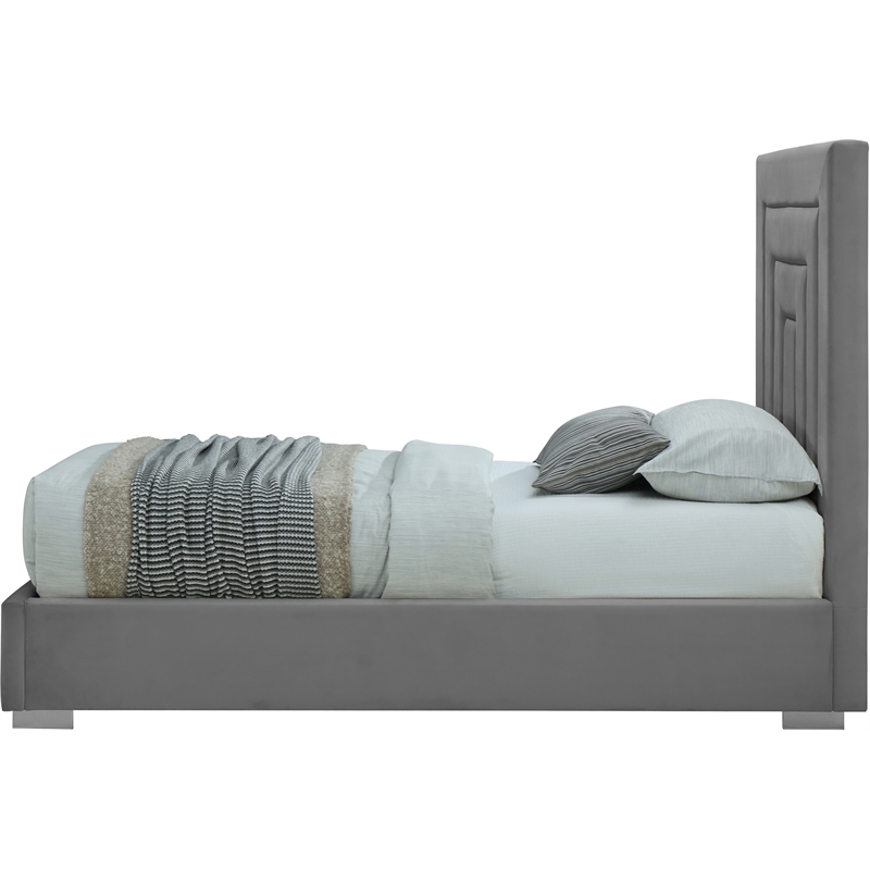 Meridian Furniture Nora Gray Velvet Twin Bed with Gold/Chrome Legs Included