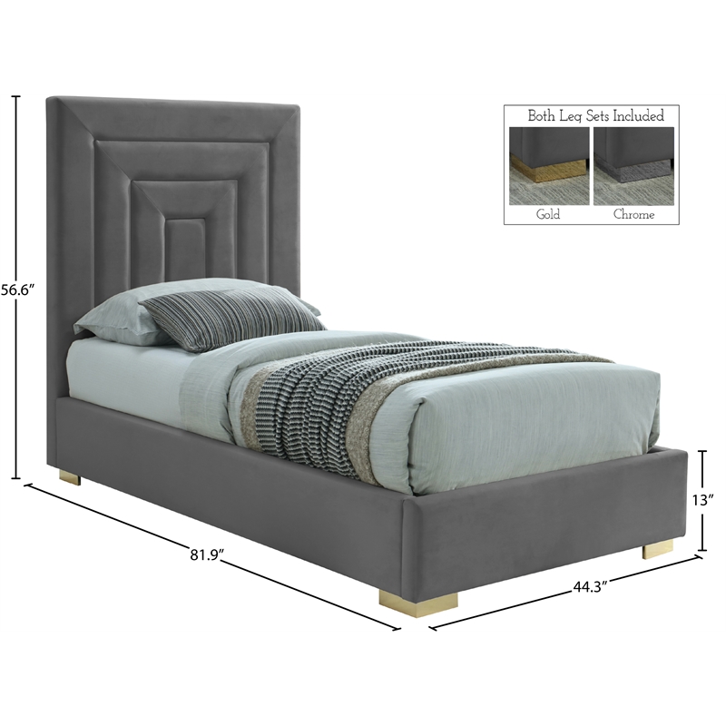 Meridian Furniture Nora Gray Velvet Twin Bed with Gold/Chrome Legs Included