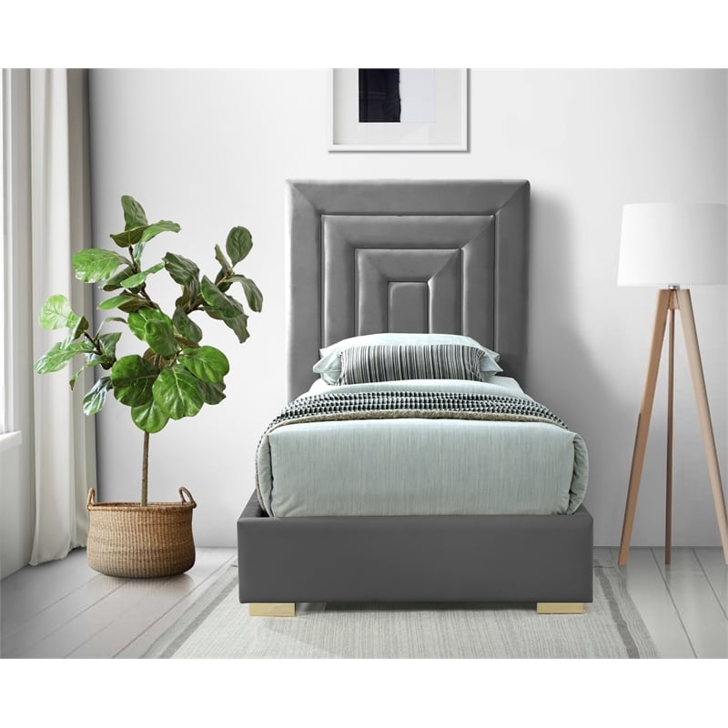 Meridian Furniture Nora Gray Velvet Twin Bed with Gold/Chrome Legs Included