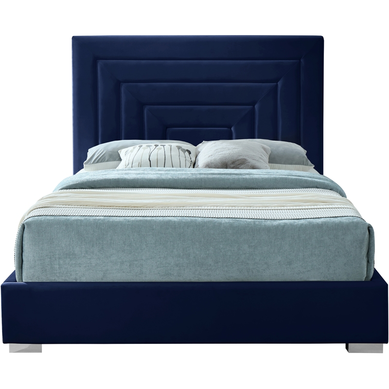 Meridian Furniture Nora Navy Velvet Queen Bed with Gold/Chrome Legs Included