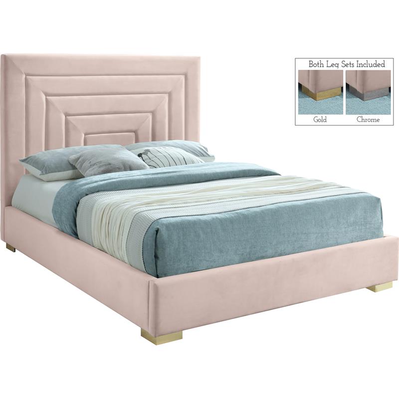 Meridian Furniture Nora Pink Velvet Queen Bed with Gold/Chrome Legs