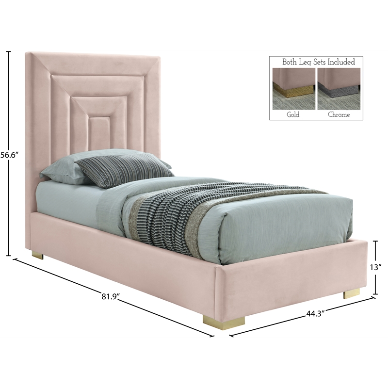 Meridian Furniture Nora Rich Pink Velvet Twin Bed with Gold/Chrome Legs Included