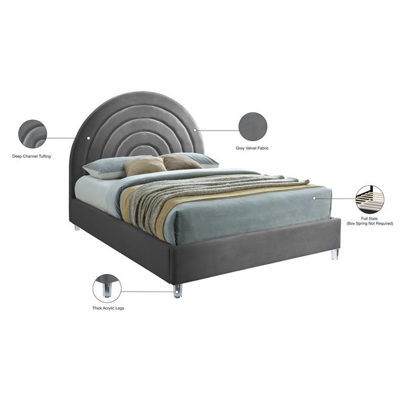 Meridian Furniture Rainbow Gray Velvet Full Bed in Acrylic Finish