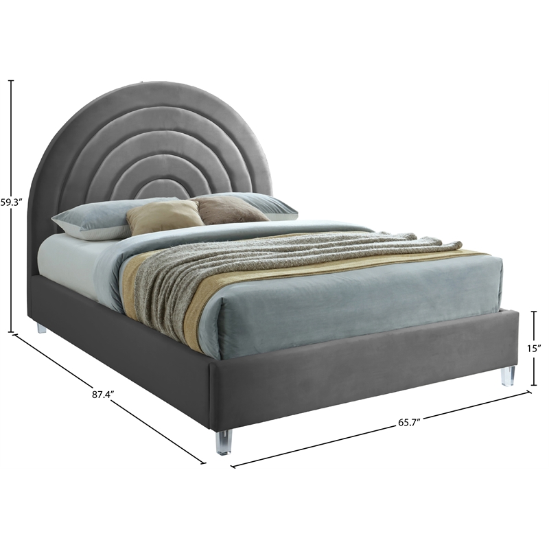 Meridian Furniture Rainbow Gray Velvet Queen Bed in Acrylic Finish