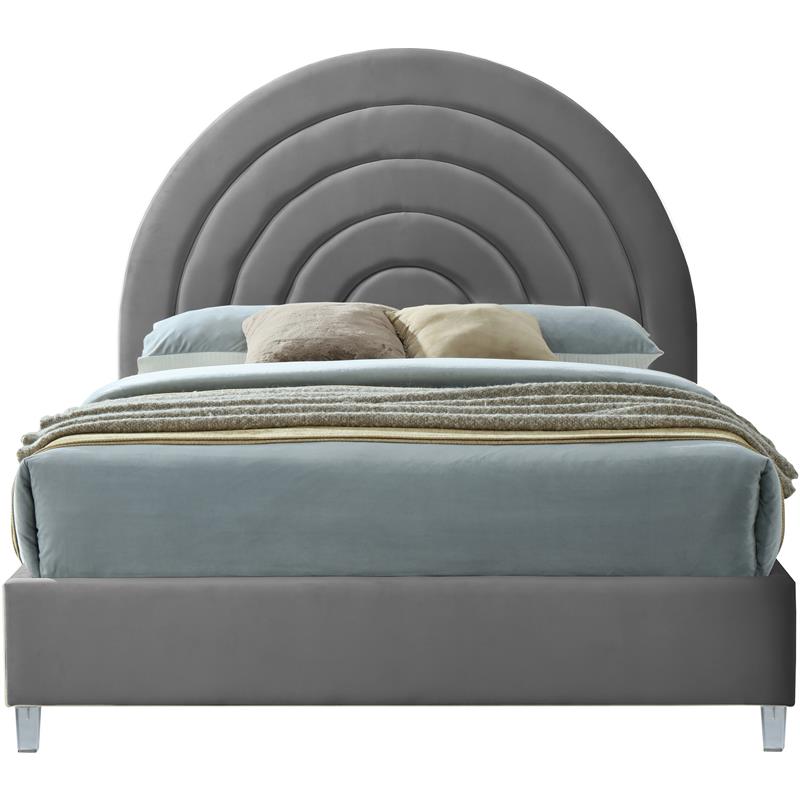 Meridian Furniture Rainbow Gray Velvet Queen Bed in Acrylic Finish