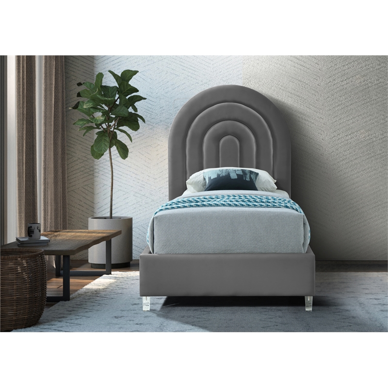 Meridian Furniture Rainbow Gray Velvet Twin Bed in Acrylic Finish