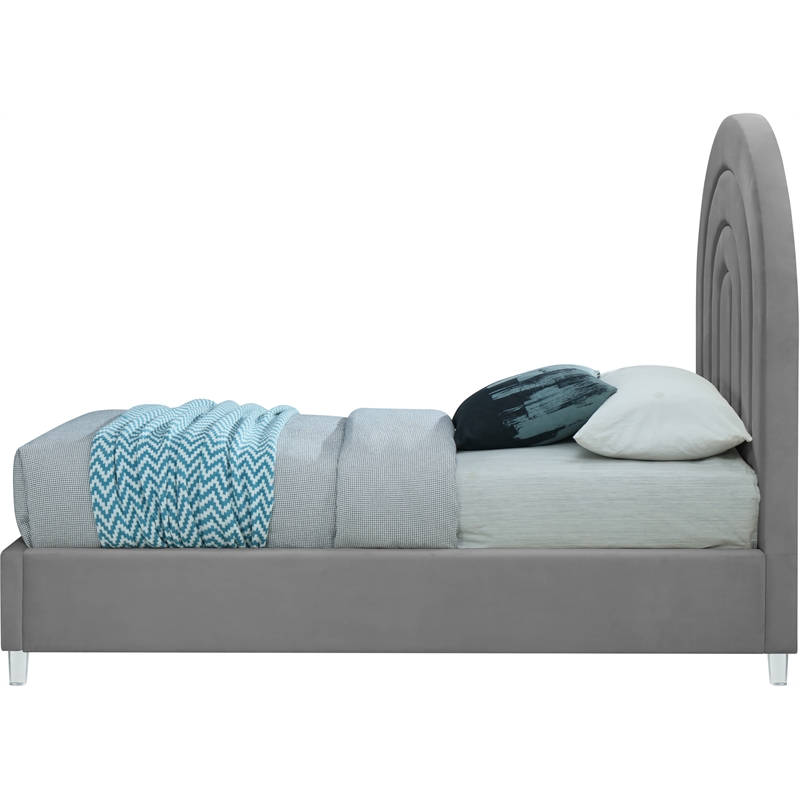 Meridian Furniture Rainbow Gray Velvet Twin Bed in Acrylic Finish