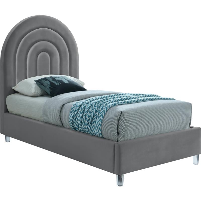 Meridian Furniture Rainbow Gray Velvet Twin Bed in Acrylic Finish