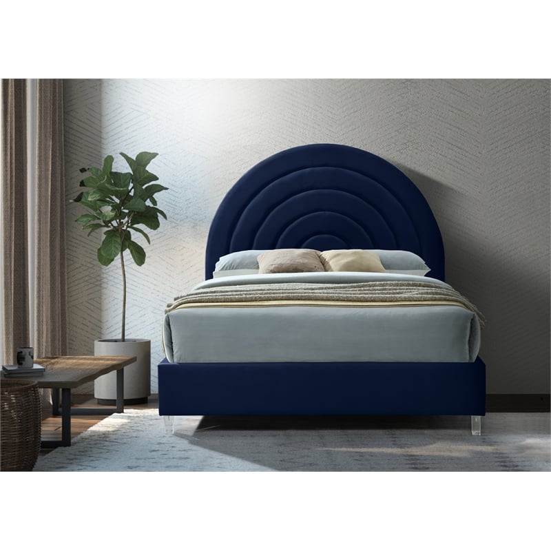 Meridian Furniture Rainbow Navy Velvet Full Bed in Acrylic Finish