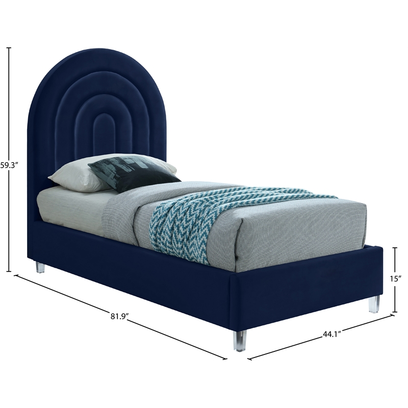 Meridian Furniture Rainbow Navy Velvet Twin Bed in Acrylic Finish