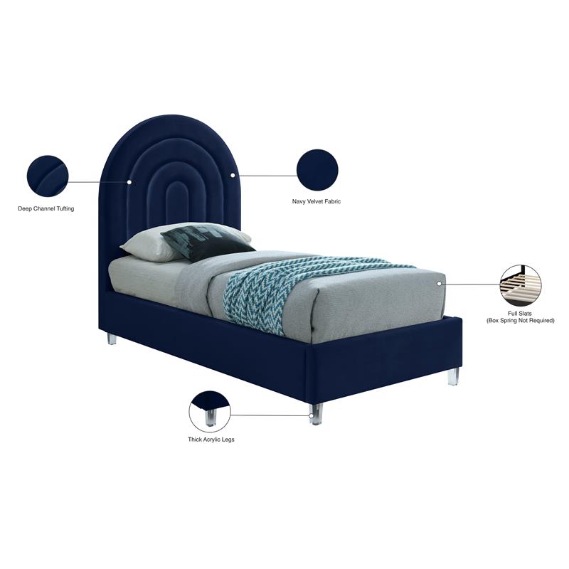 Meridian Furniture Rainbow Navy Velvet Twin Bed in Acrylic Finish