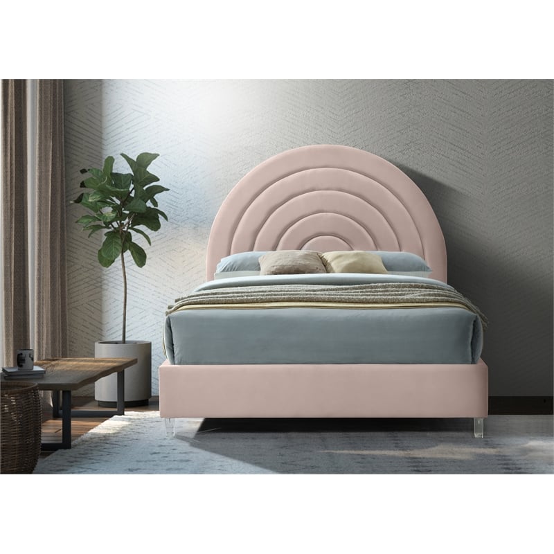 Meridian Furniture Rainbow Pink Velvet Full Bed in Acrylic Finish