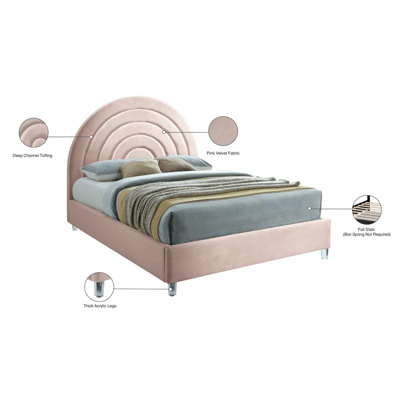 Meridian Furniture Rainbow Pink Velvet Queen Bed in Acrylic Finish