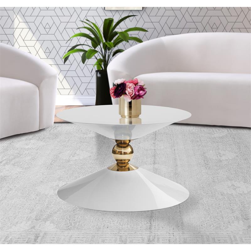 Meridian Furniture Malia White and Gold Metal Hourglass Shaped Coffee Table
