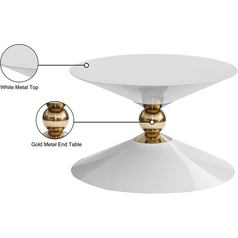 Meridian Furniture Malia White and Gold Metal Hourglass Shaped Coffee Table